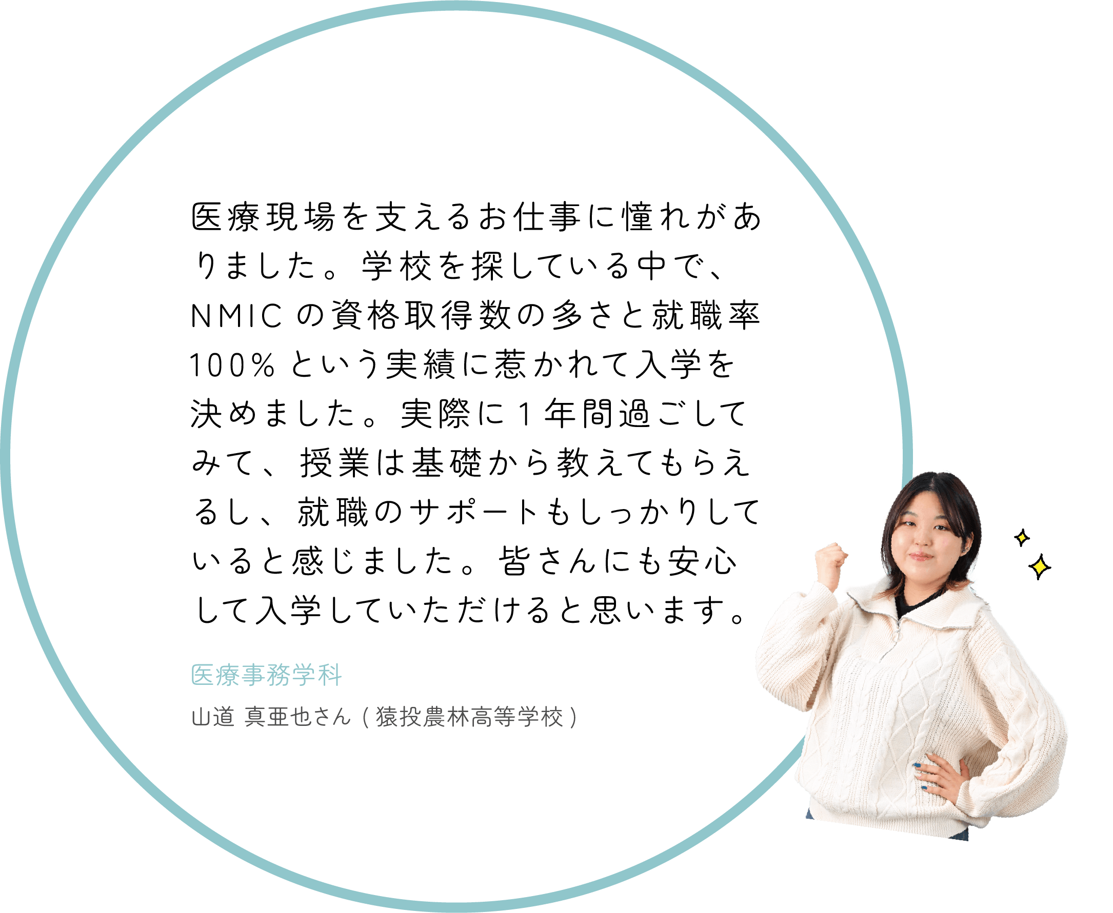 医療現場を支えるお仕事に憧れがありました。学校を探している中で、NMICの資格取得数の多さと就職率100%という実績に惹かれて入学を決めました。実際に1年間過ごしてみて、授業は基礎から教えてもらえるし、就職のサポートもしっかりしていると感じました。皆さんにも安心して入学していただけると思います。医療事務学科山道真亜也さん(猿投農林高等学校)